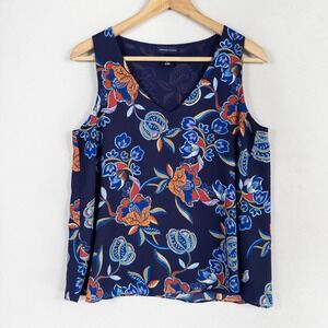 Adrienne Vittadini Tank Top Womens Sz Small Navy Blue Floral Woven Lined V Neck